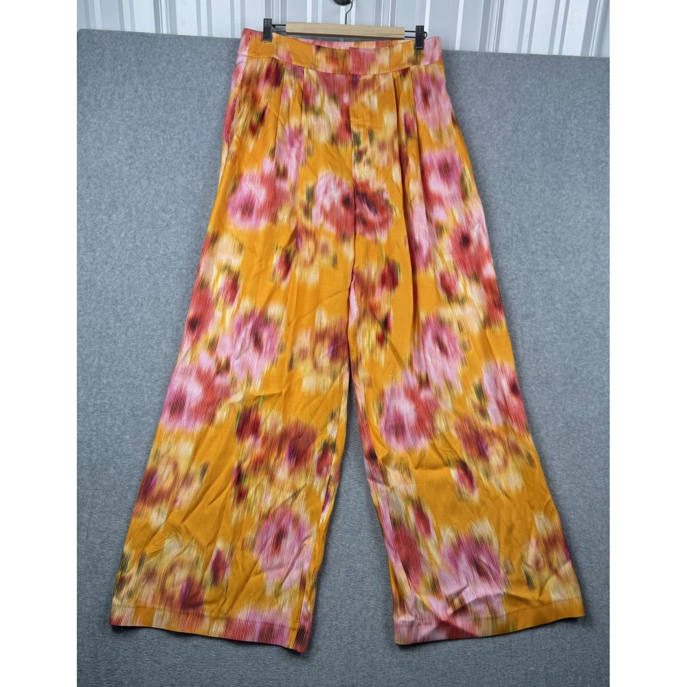 Ted Baker Mustard Yellow Wide-Leg Floral Pants with Pink Blossoms